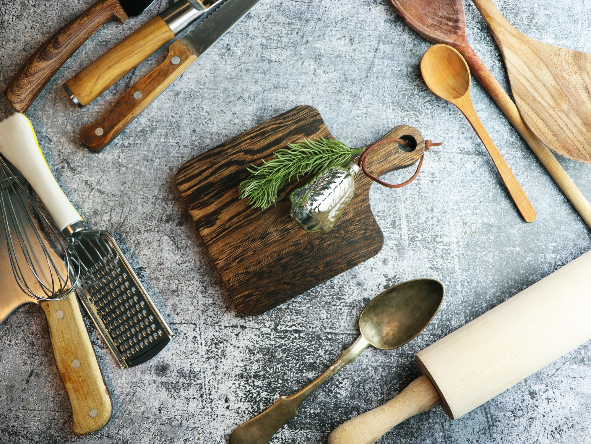Small studio kitchen with wooden counter and tools